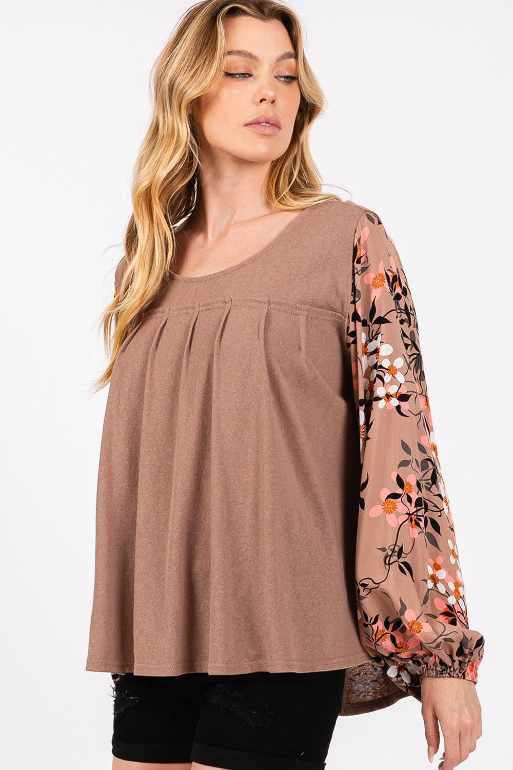 Floral Long Sleeve Front Pleated Detail Blouse