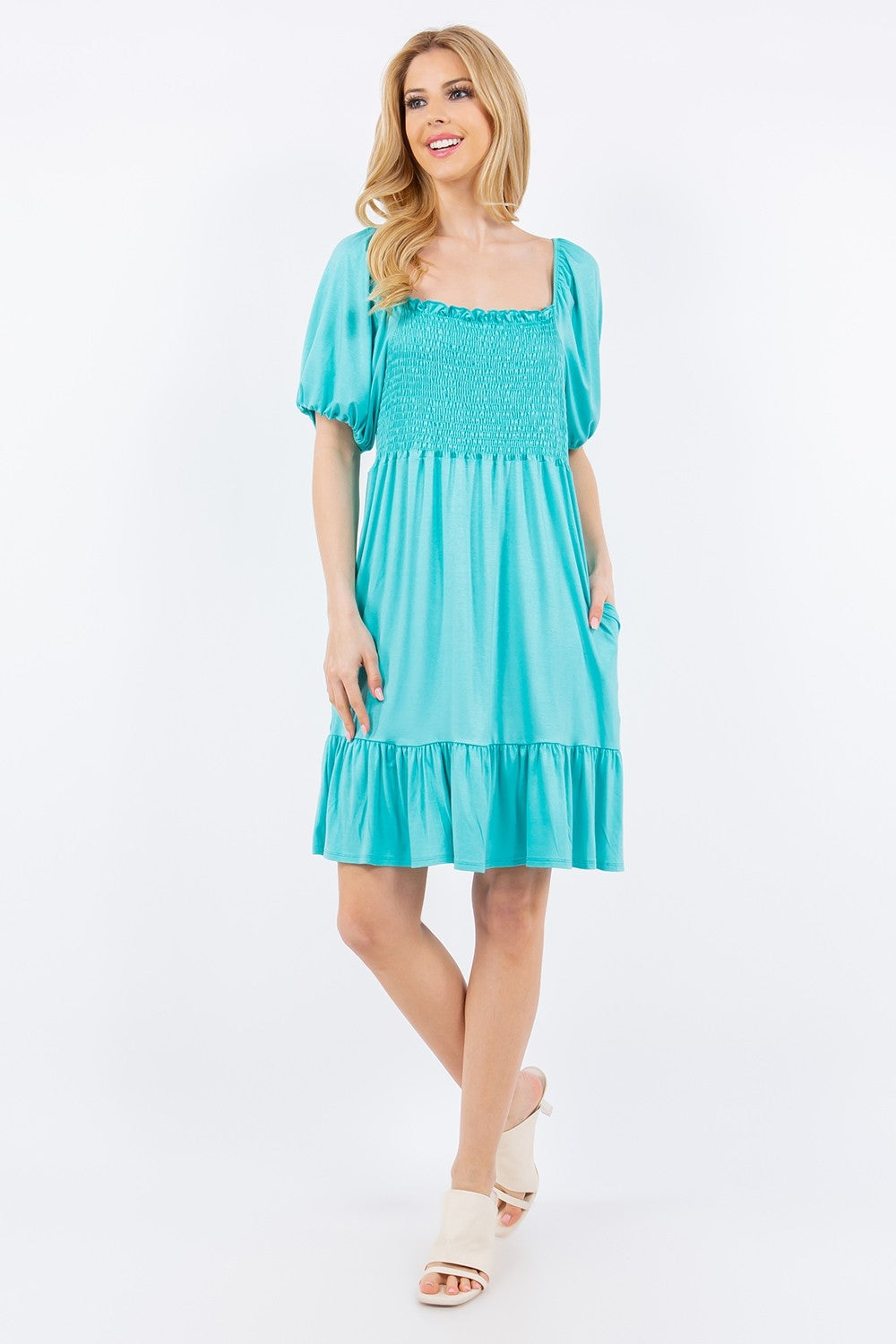 Ruffle Hem Short Sleeve Smocked Dress