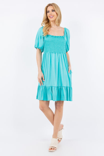 Ruffle Hem Short Sleeve Smocked Dress