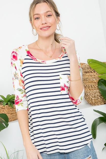 FLORAL STRIPE MIXED BASEBALL TOP