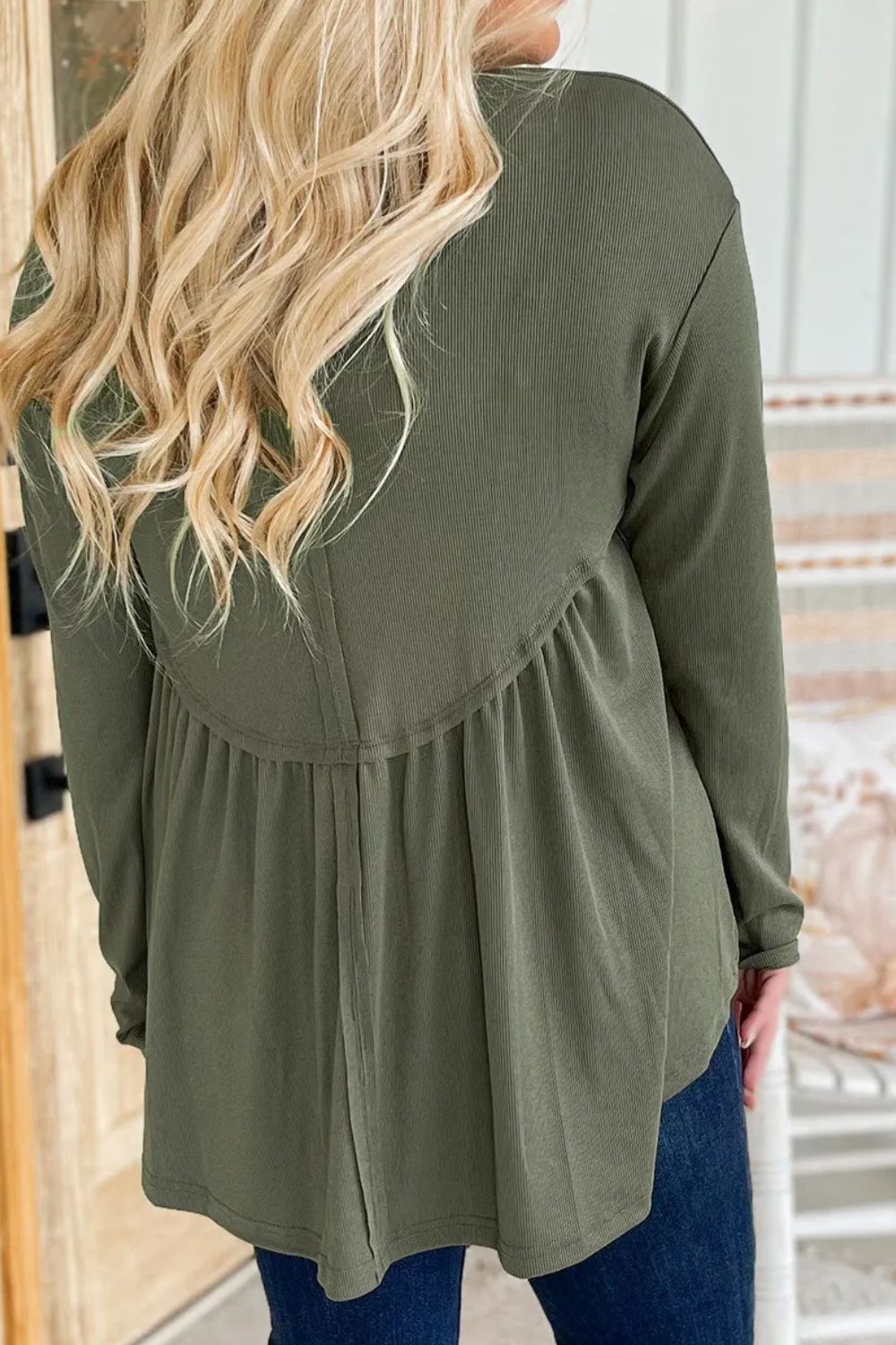 Peplum Round Neck Long Sleeve Blouse