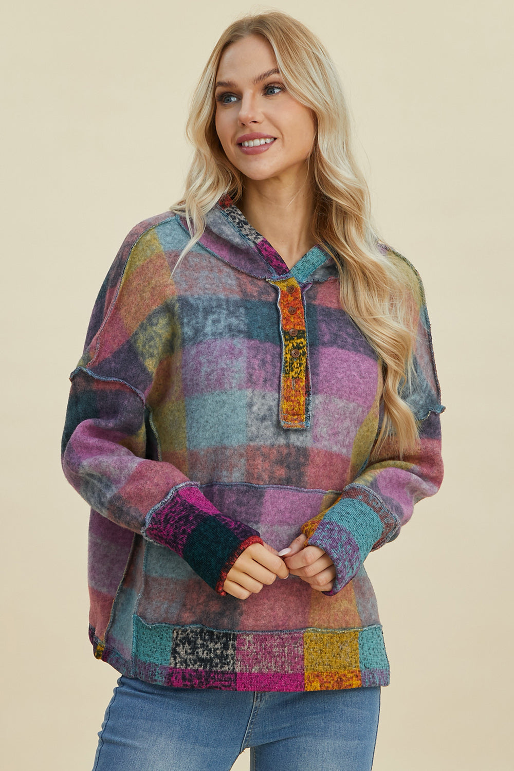 Plaid Dropped Shoulder Fleece Hoodie