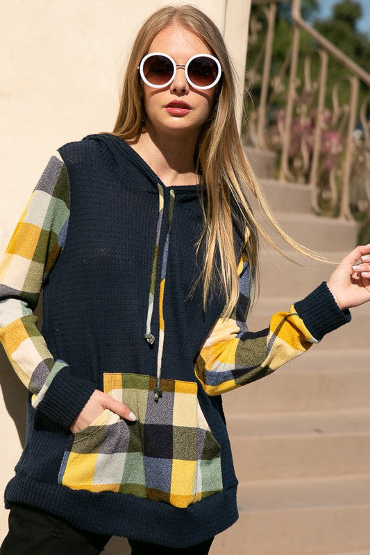 PLAID MIXED HOODIE SWEATSHIRT