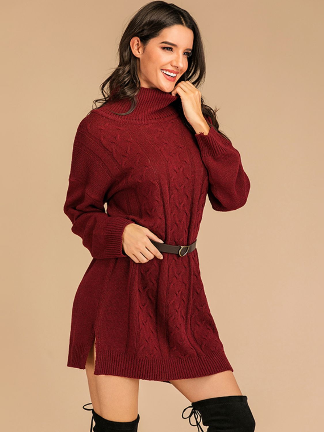 Slit Turtleneck Long Sleeve Mini Sweater Dress