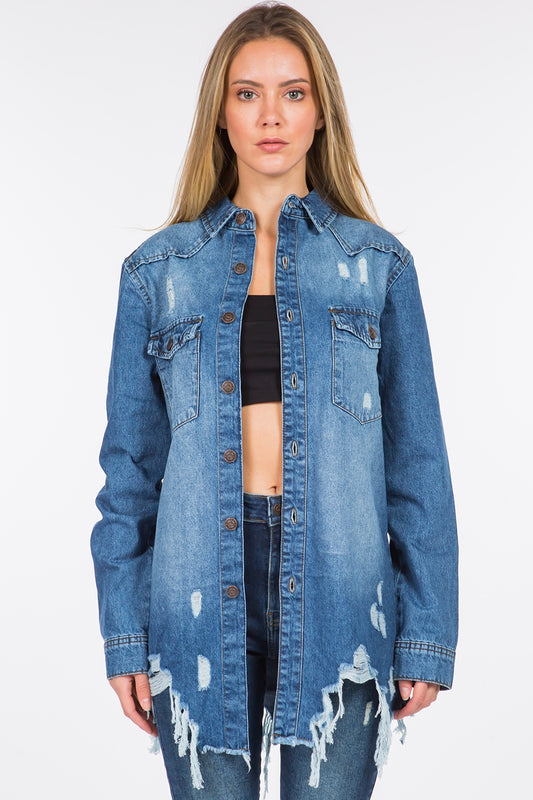 Distressed Frayed Hem Denim Jacket