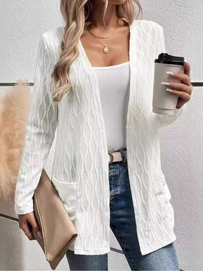 Texture Open Front Long Sleeve Cardigan with Pockets