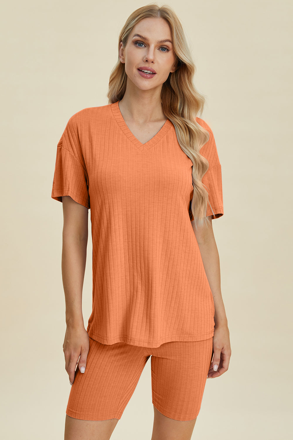 Ribbed V-Neck Short Sleeve Top and Shorts Set