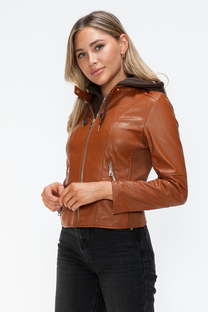 Faux Leather Zip Up Drawstring Hooded Jacket