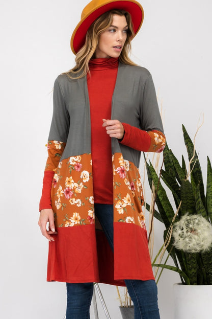 Floral Color Block Open Front Cardigan