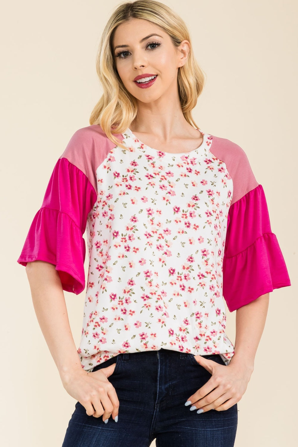 Floral Contrast Bell Sleeve Top