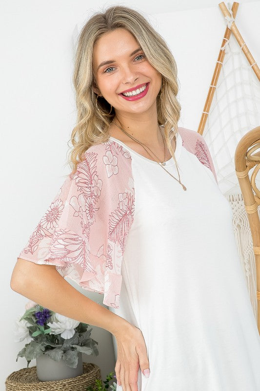 FLORAL CHIFFON MIXED BELL SLEEVE TOP