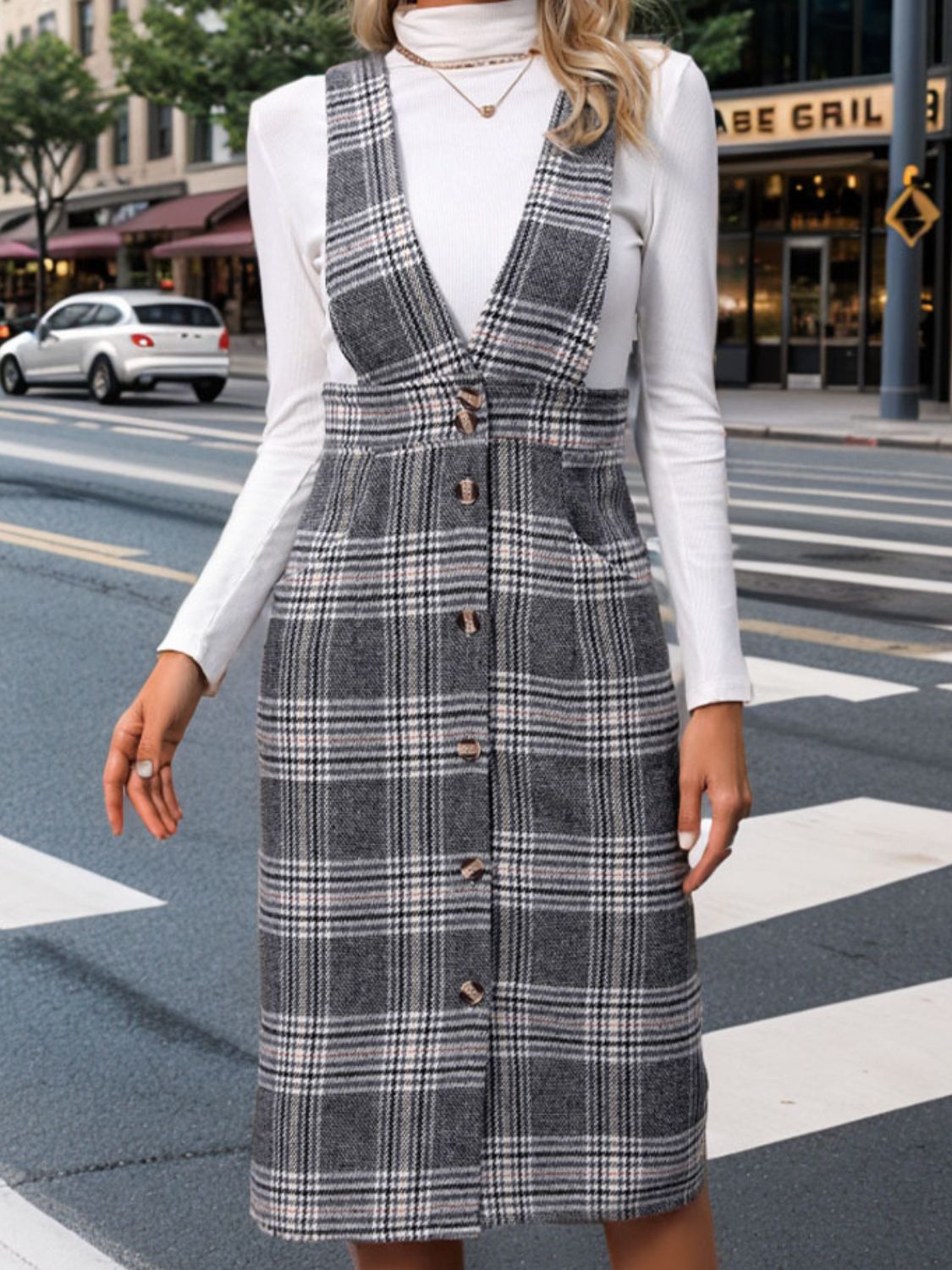 Pocketed Plaid Overall Dress