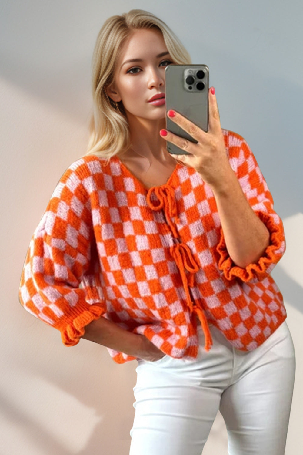 Tied Checkered Dropped Shoulder Flounce Sleeve Cardigan