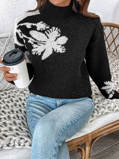 Flower Mock Neck Long Sleeve Sweater