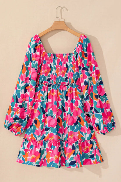 Plus Size Smocked Floral Square Neck Balloon Sleeve Dress