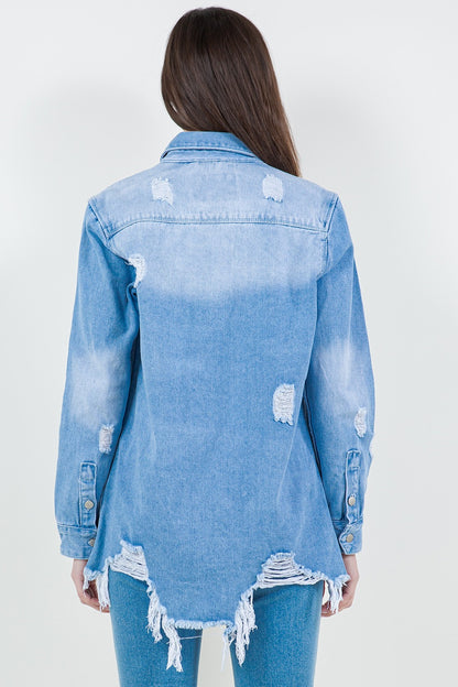 Raw Hem Distressed Long Sleeve Denim Jacket