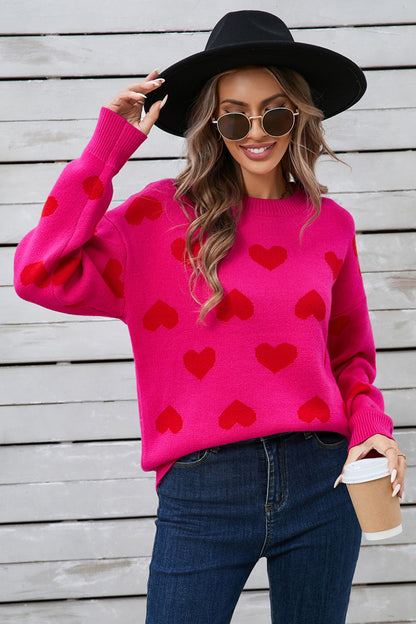 Heart Round Neck Long Sleeve Sweater