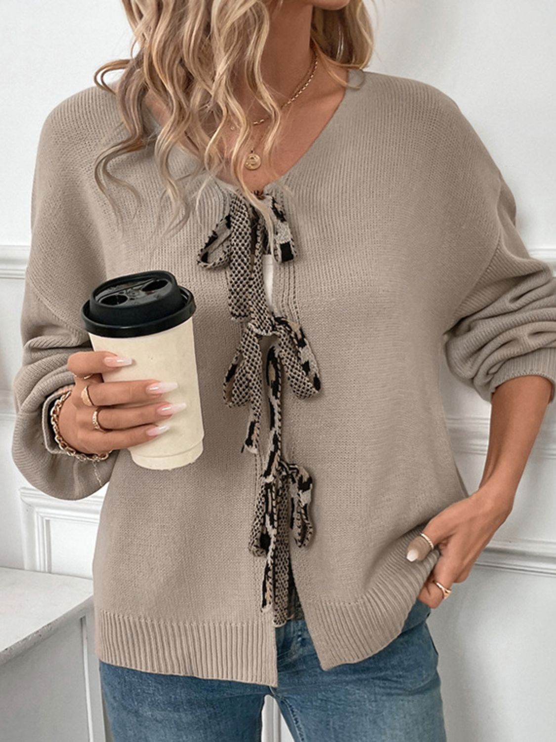 Tied Contrast Heart V-Neck Long Sleeve Cardigan