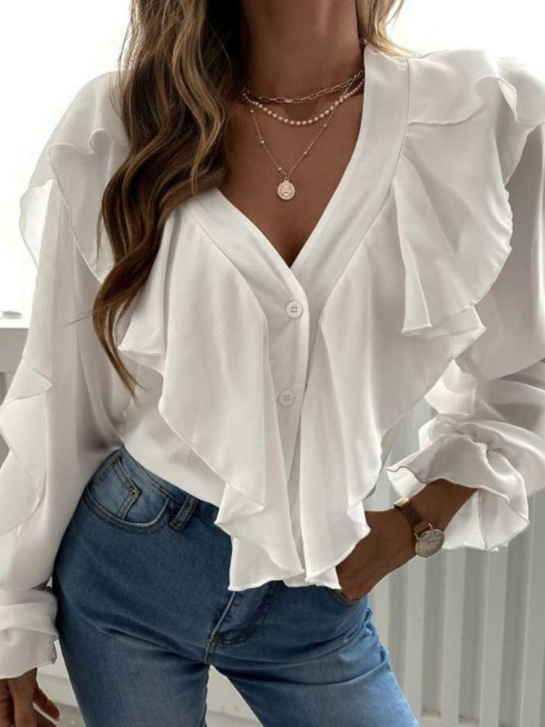 Ruffled V-Neck Button Down Flounce Sleeve Blouse