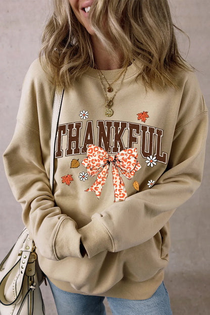 THANKFUL Bow Round Neck Long Sleeve Sweatshirt