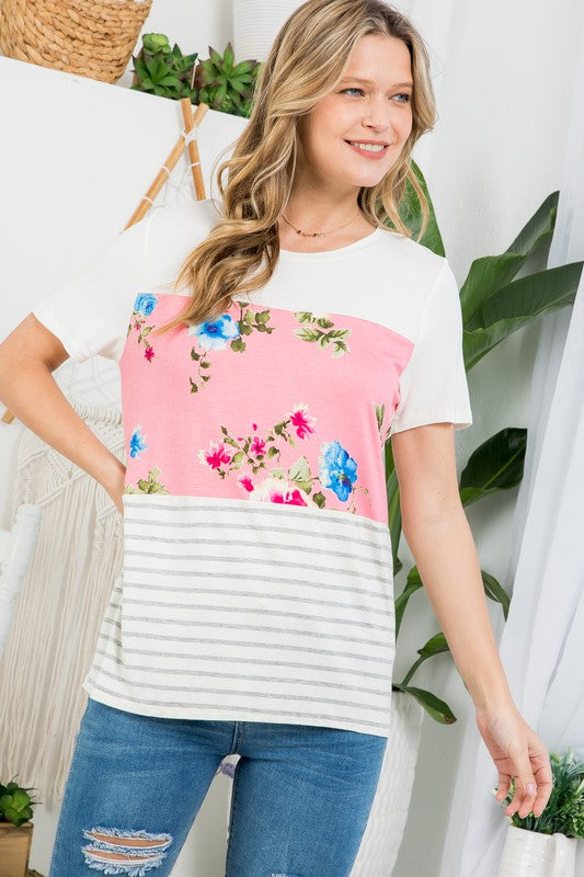 PLUS FLORAL STRIPE MIXED TOP