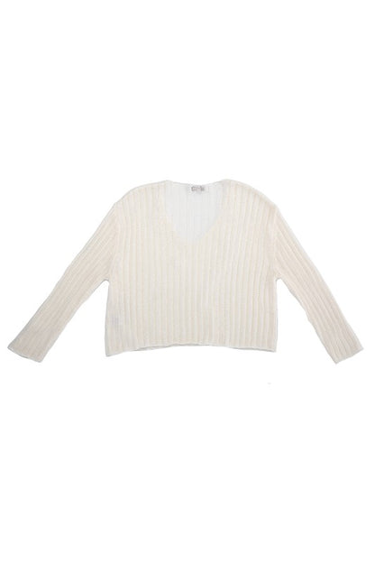 Variegated rib V neck sweater