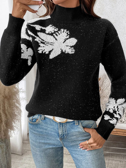 Flower Mock Neck Long Sleeve Sweater