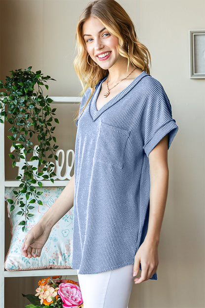 Front Pocket Short Sleeve Ribbed Top