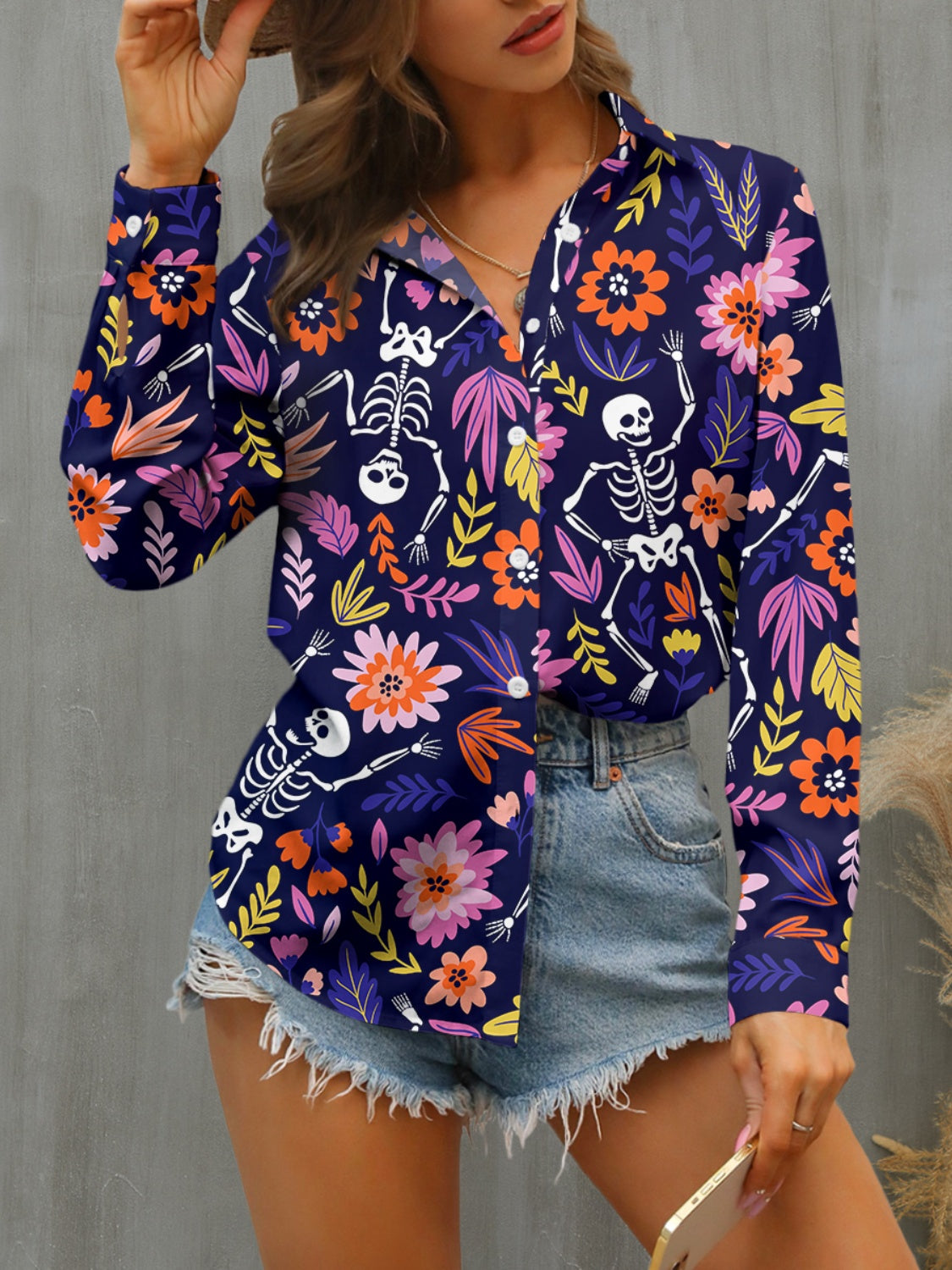 Buttoned Printed Collared Neck Long Sleeve Shirt