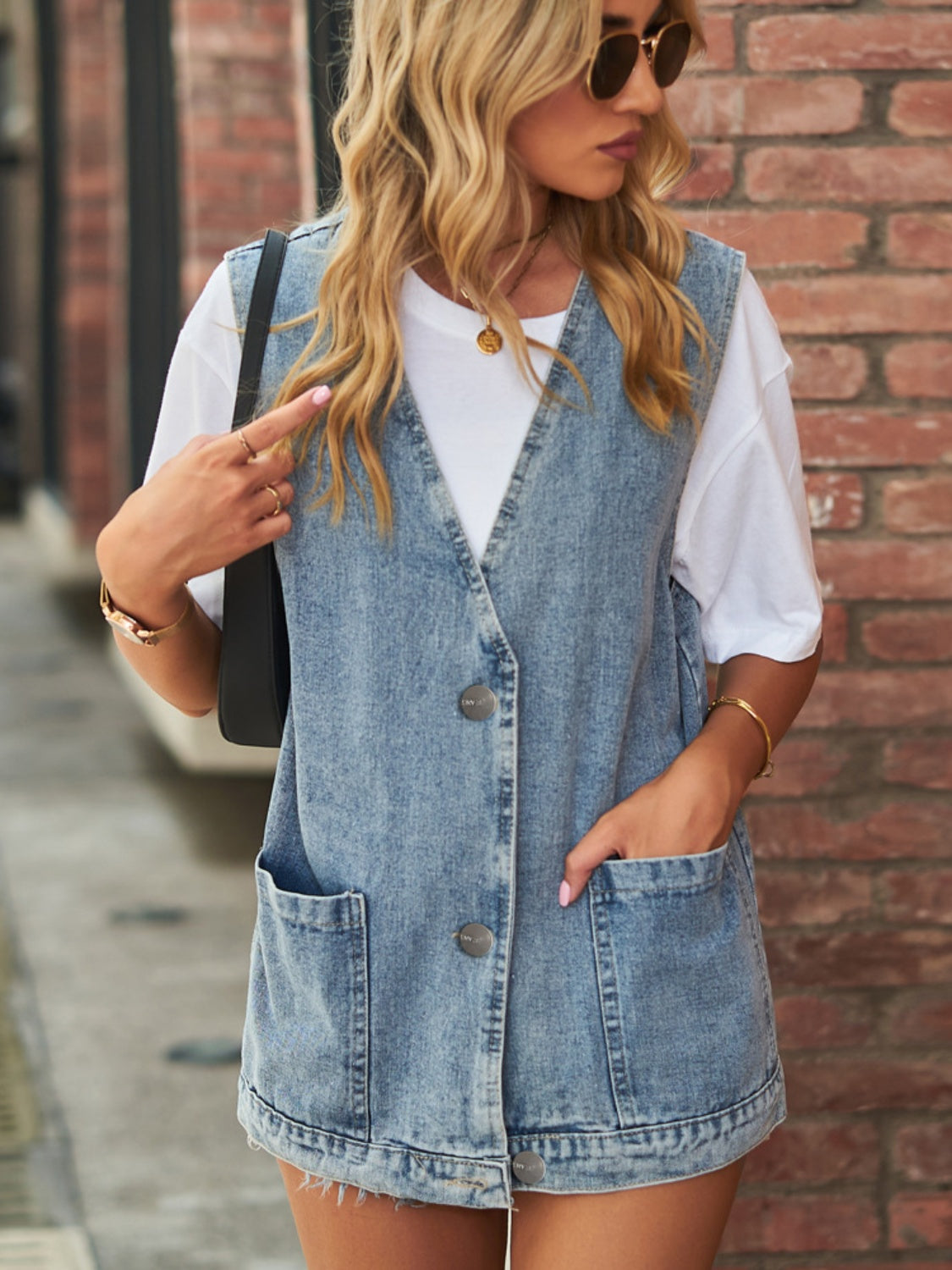 V-Neck Button Up Denim Vest