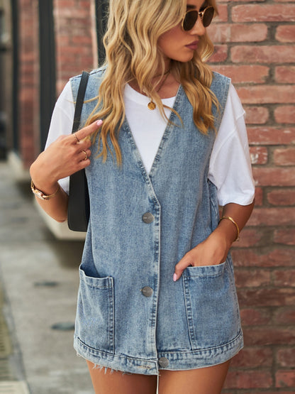 V-Neck Button Up Denim Vest