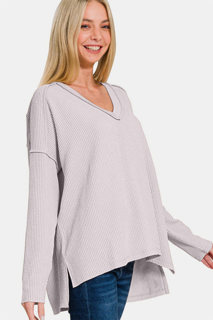 Texture Exposed Seam V-Neck Long Sleeve T-Shirt