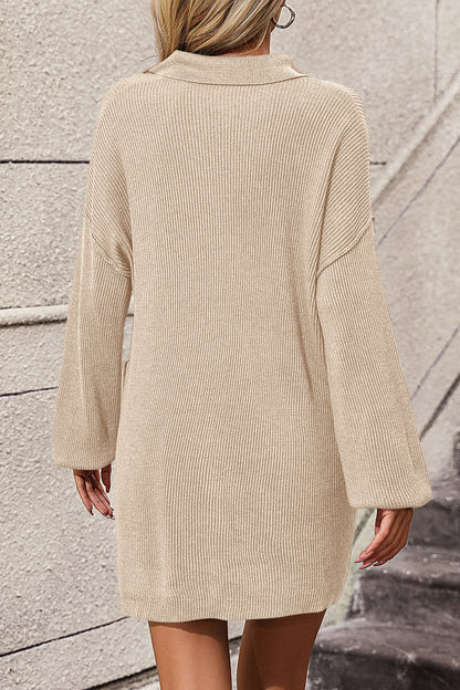 Collared Neck Long Sleeve Sweater Dress with Pockets