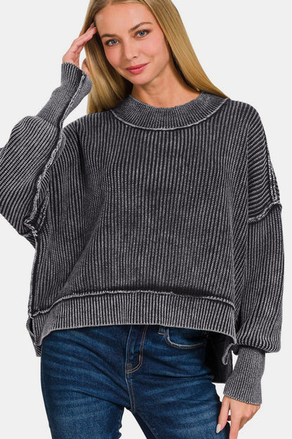 Exposed Seam Round Neck Dropped Shoulder Sweater