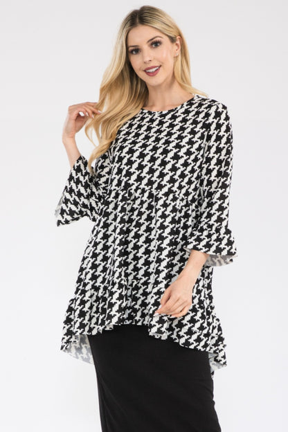 Houndstooth Flounce Sleeve High-Low Top