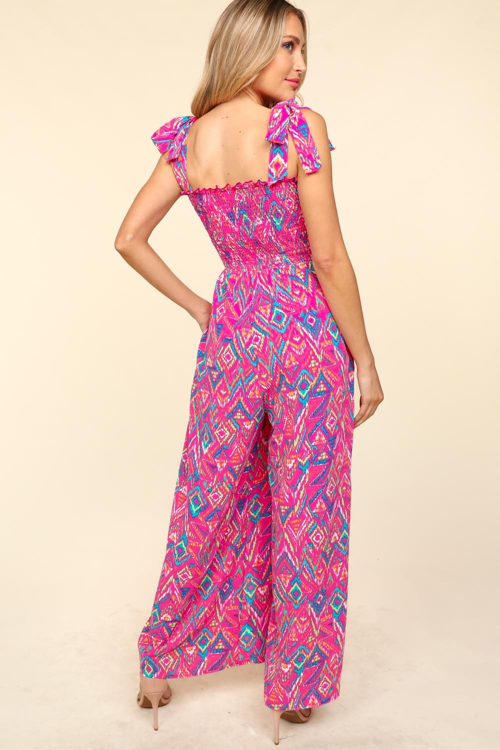 Printed Smocked Sleeveless Jumpsuit