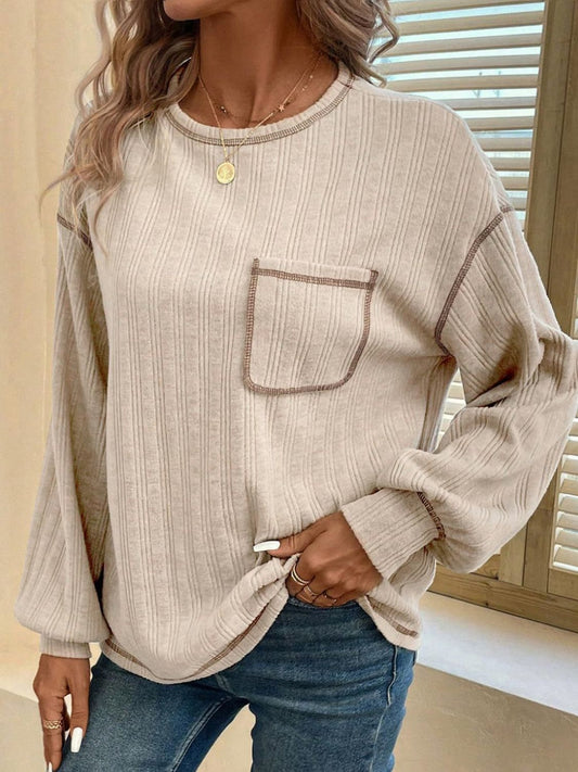 Contrast Stitching Round Neck Long Sleeve T-Shirt