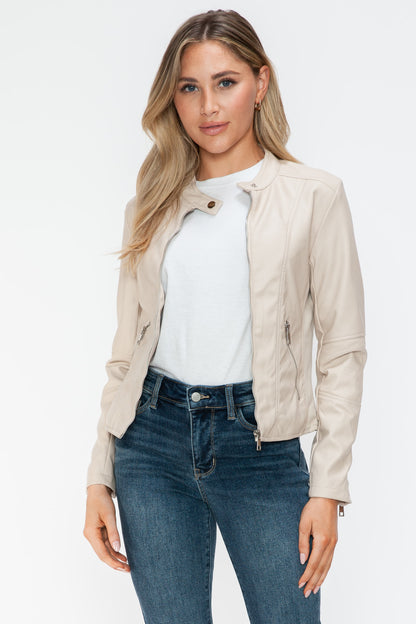 PU Leather Zip Up Jacket with Pockets