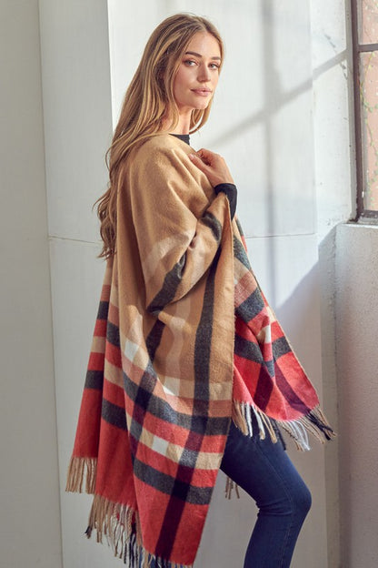 PLAID PATTERN SHAWL PONCHO