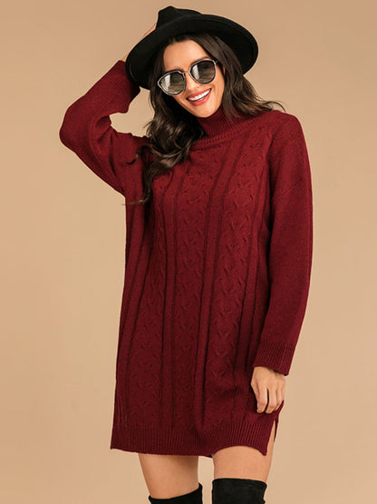 Slit Turtleneck Long Sleeve Mini Sweater Dress