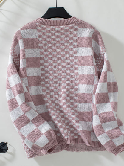 Checkered Open Front Dropped Shoulder Cardigan