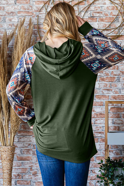 Half Button Printed Long Sleeve Hooded Top