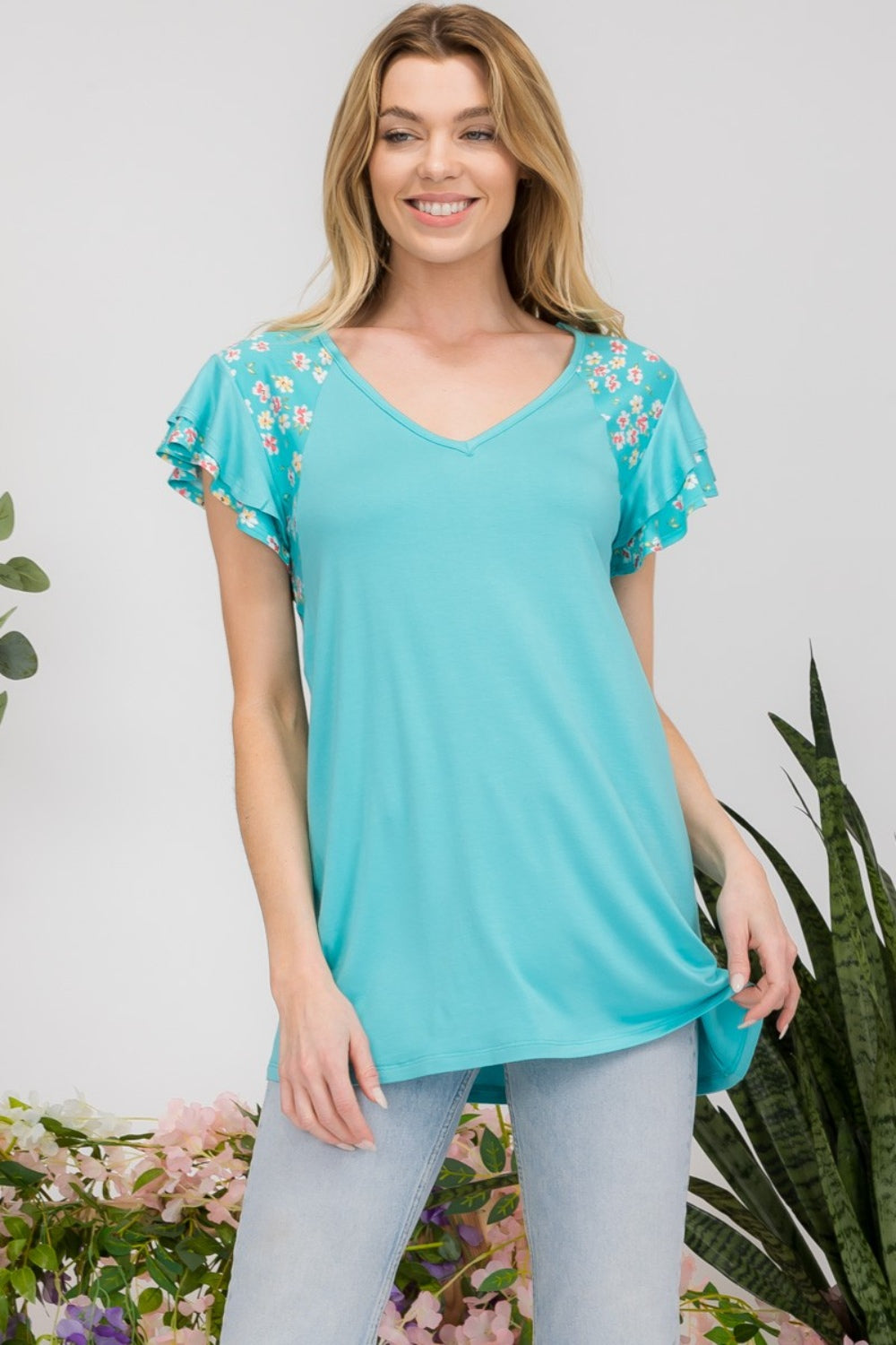 Floral Contrast Short Sleeve Top