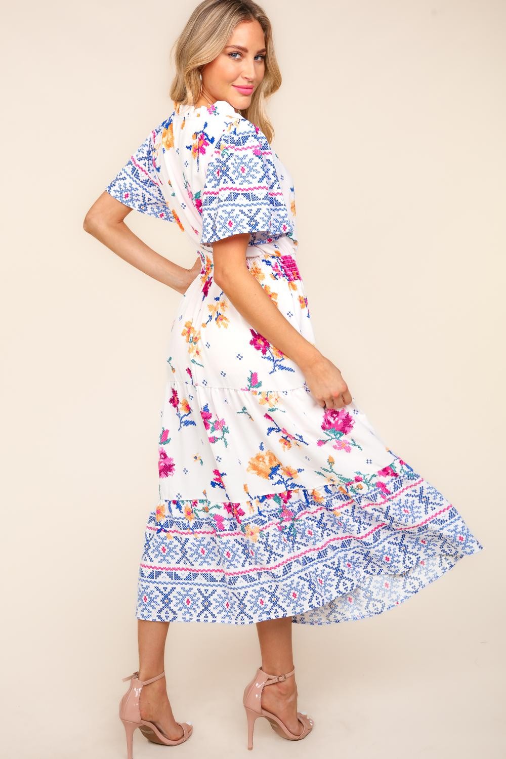 Printed Notched Short Sleeve Tiered Dress