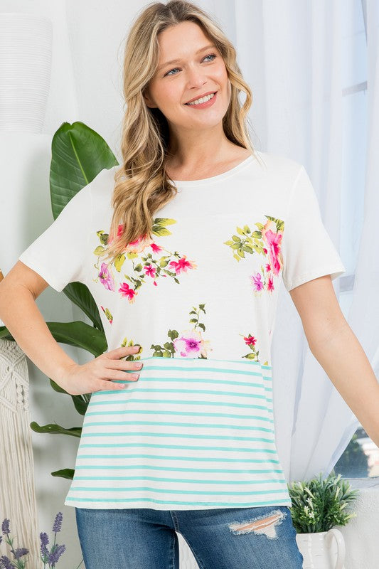 PLUS FLORAL STRIPE MIXED TOP