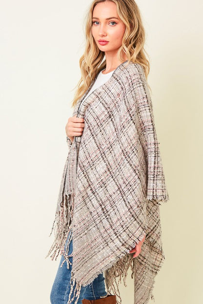 MULTI PLAID FRINGE PONCHO SHAWL