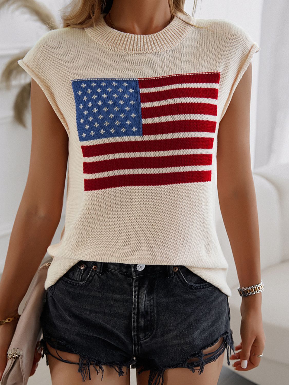 US Flag Round Neck Sweater Vest