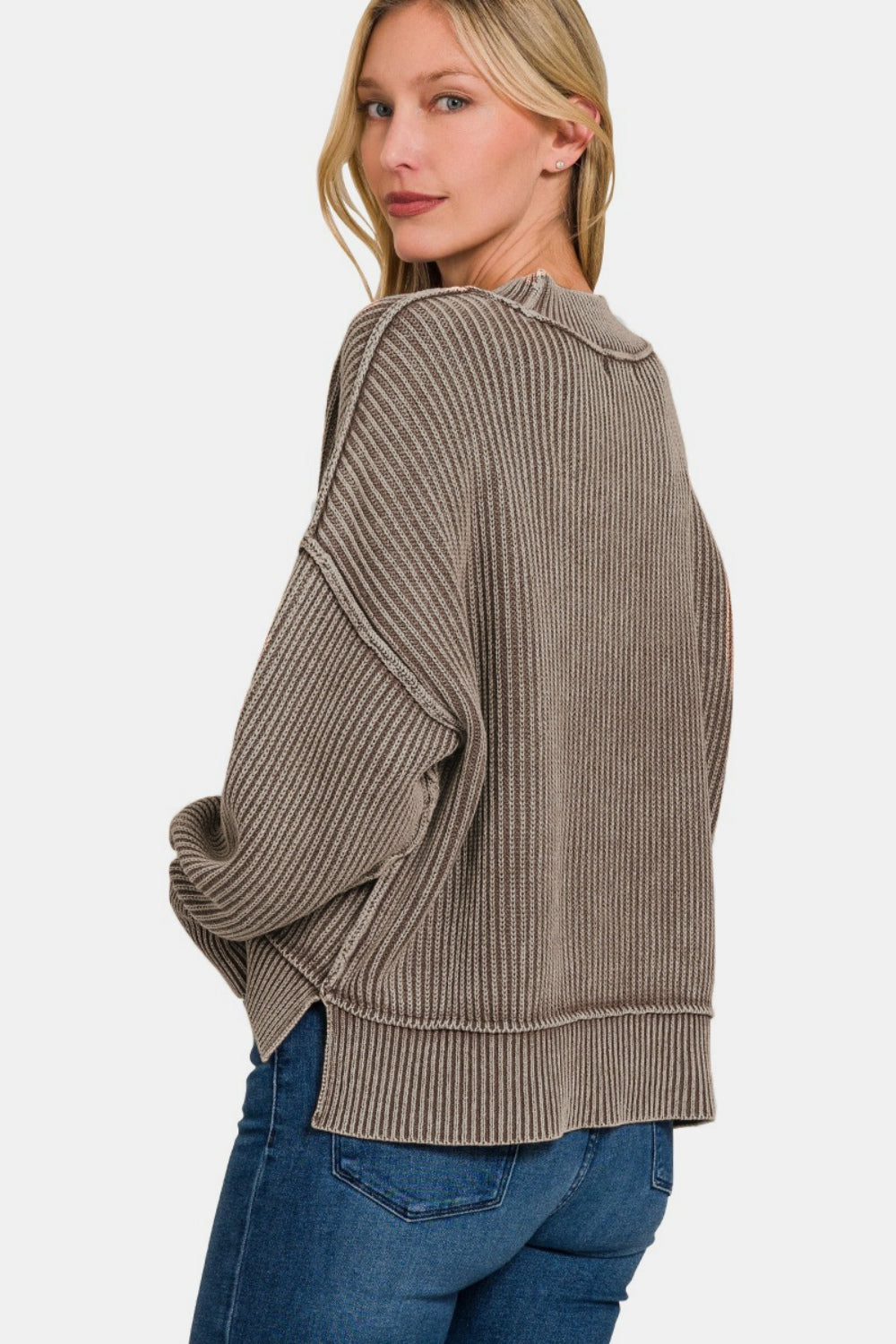 Exposed Seam Round Neck Dropped Shoulder Sweater