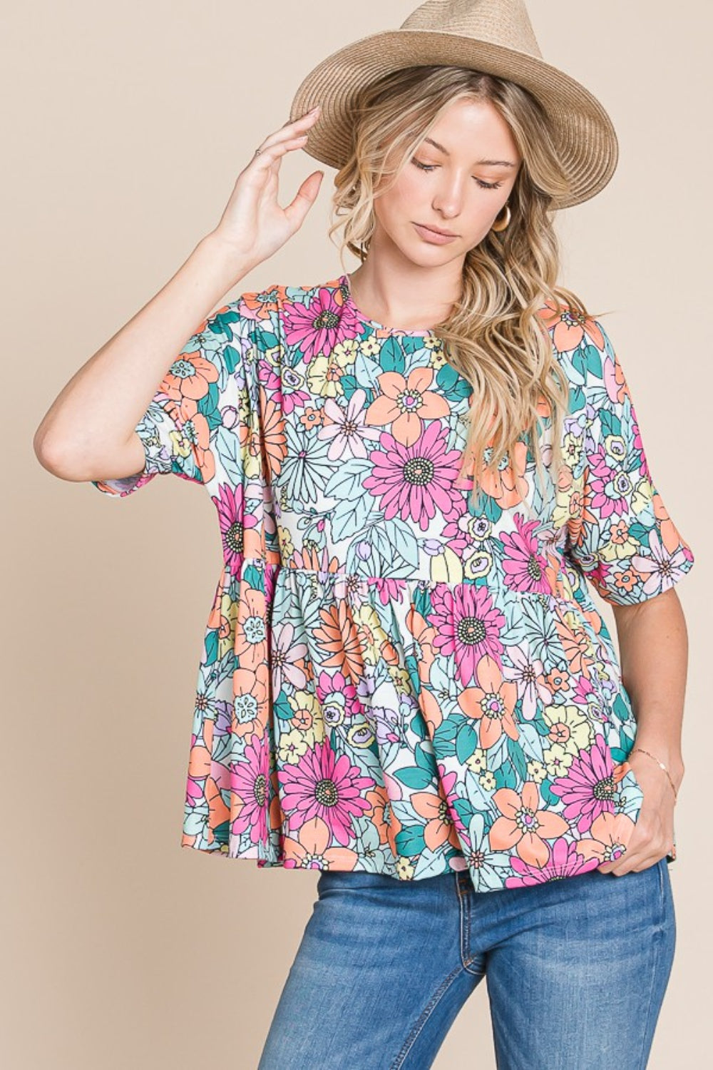 Floral Round Neck Short Sleeve Blouse