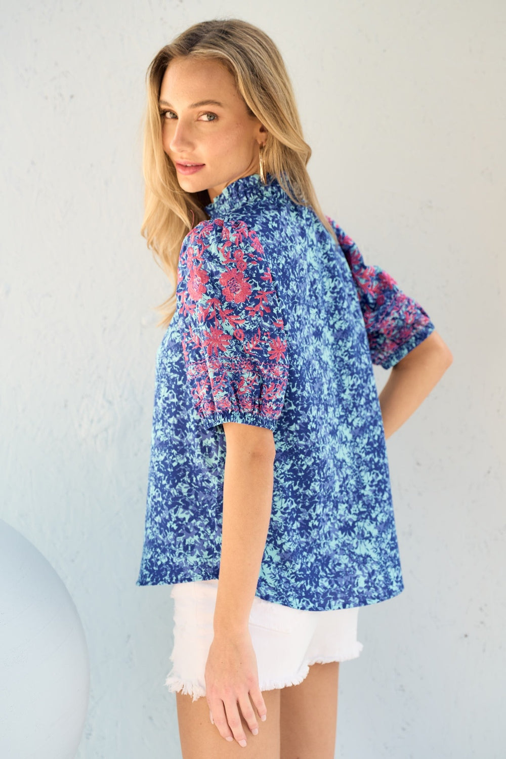 Embroidered Puff Sleeve Printed Blouse